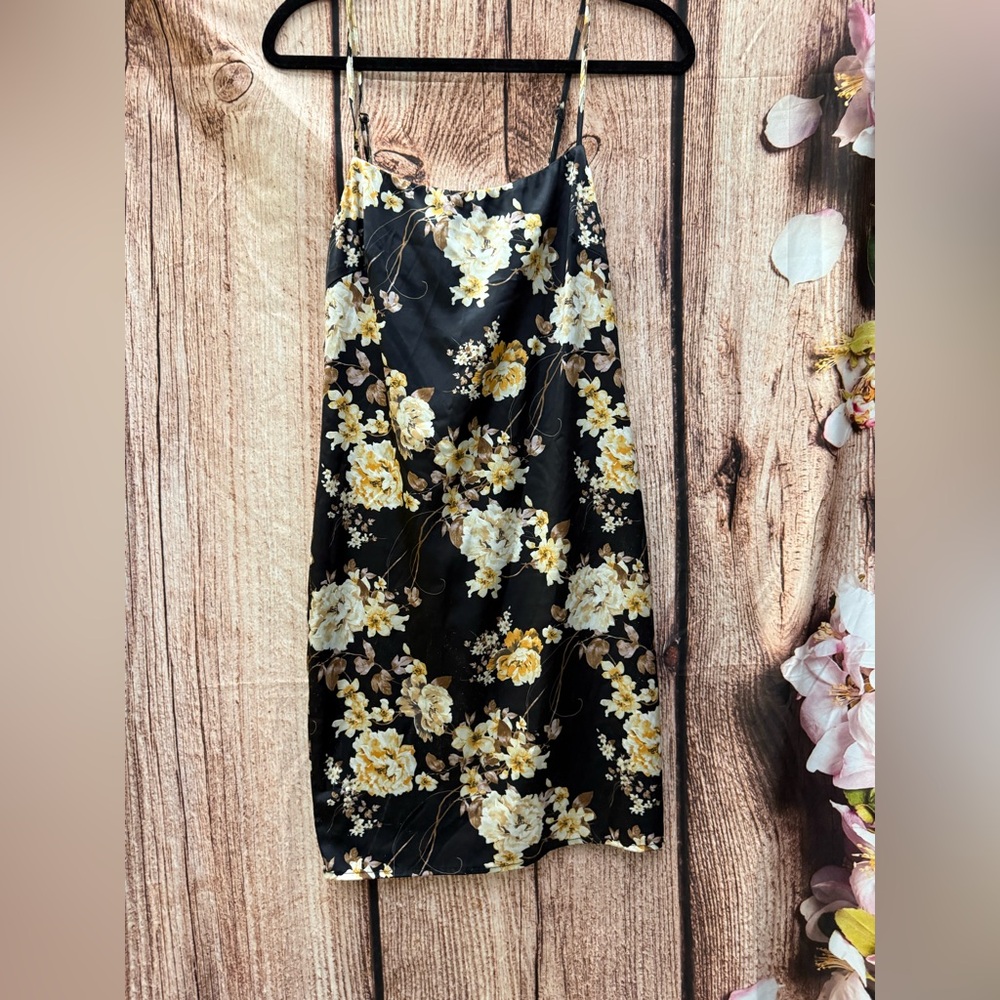Floral Black and Yellow Slip Dress